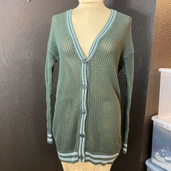 AMERICAN Eagle Outfitters army green and grey‎ open knit button front cardigan - Picture 1 of 6